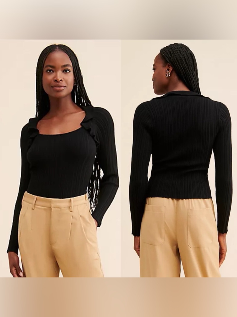 Anthropologie Maeve Millie Ruffled Ribbed Long Sleeve Fitted Sweater Medium